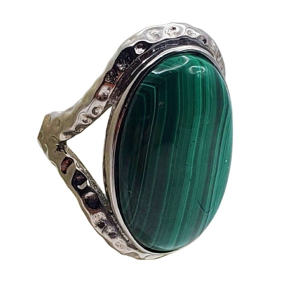 Statement Ring Green Faux Malachite Oval Hammered Stainless Steel Sz 9 Cocktail